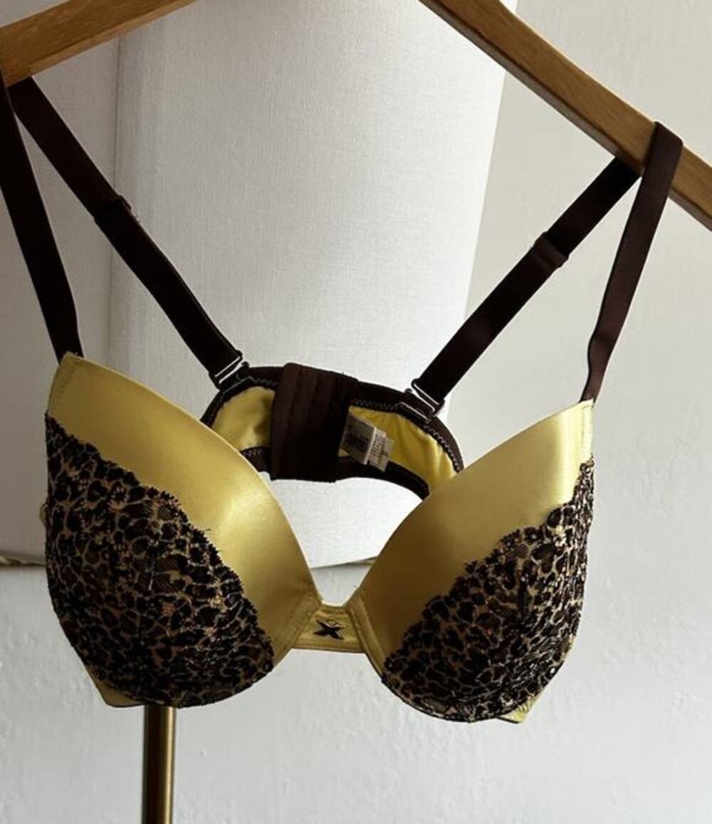 Frederick’s Of Hollywood Vtg Y2K Emo Yellow Push-Up Bra Size 32 DD Animal Print